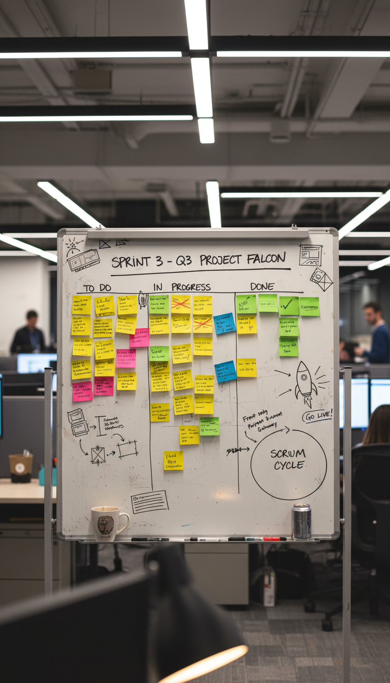 Agile methodologies ensure that custom web applications remain scalable and adaptable throughout development. A whiteboard covered in Agile sprint planning notes and sticky notes in a busy technical office.