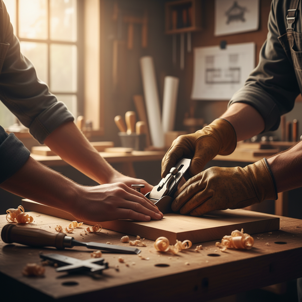 Mentorship and hands-on guidance are essential for preserving true craftsmanship. A close-up of a mentor guiding an apprentice's hands while working with precision tools on a wooden surface.
