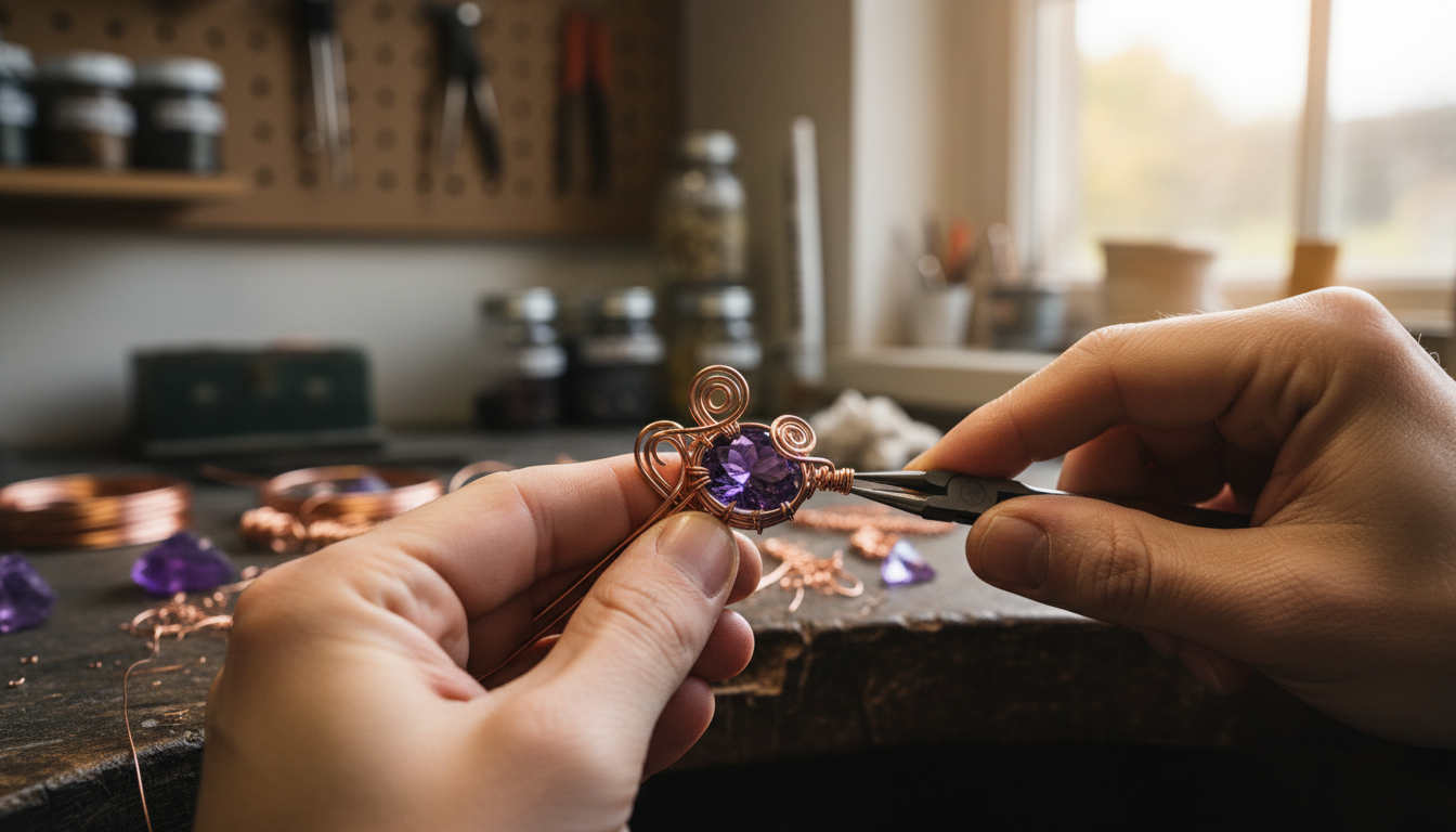 Each piece is meticulously hand-shaped to create a unique, original design. Artisan hands carefully shaping copper wire around a gemstone in a warm workshop setting.