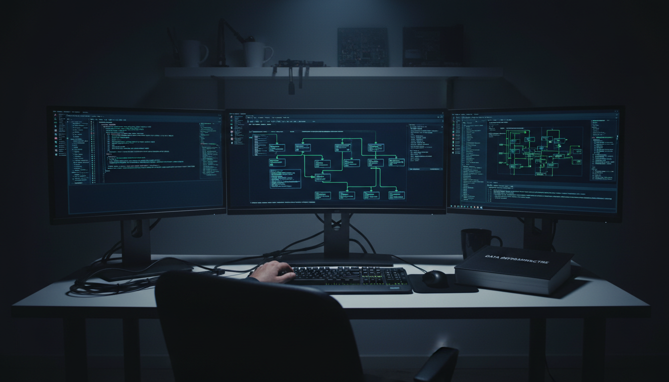 Clean data is the foundation of any successful AI automation strategy. A wide shot of a data engineering workstation with multiple monitors showing code and system architecture diagrams.
