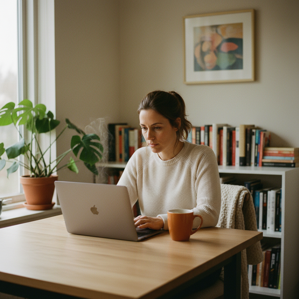 Flexible online and blended programs allow working professionals to integrate study into their daily routines. A professional woman in her early 30s working on a laptop at a kitchen table with a coffee mug.