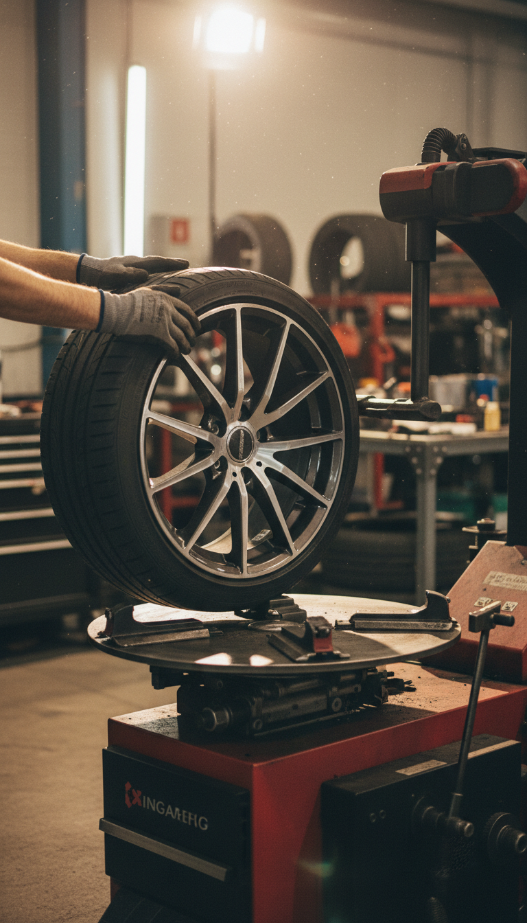 Expert mounting requires precision tools and experienced hands to prevent rim damage. Technician hands mounting a low profile tire onto a wheel using a professional tire machine in a workshop.