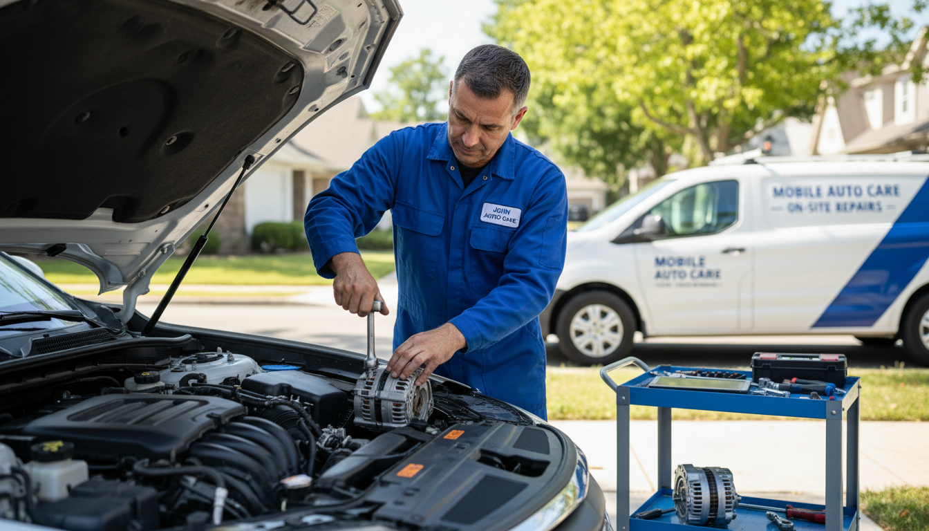 Professional diagnostics help determine if the battery or the alternator is the true cause of failure. Mobile mechanic replacing a car alternator under the hood in bright daylight.