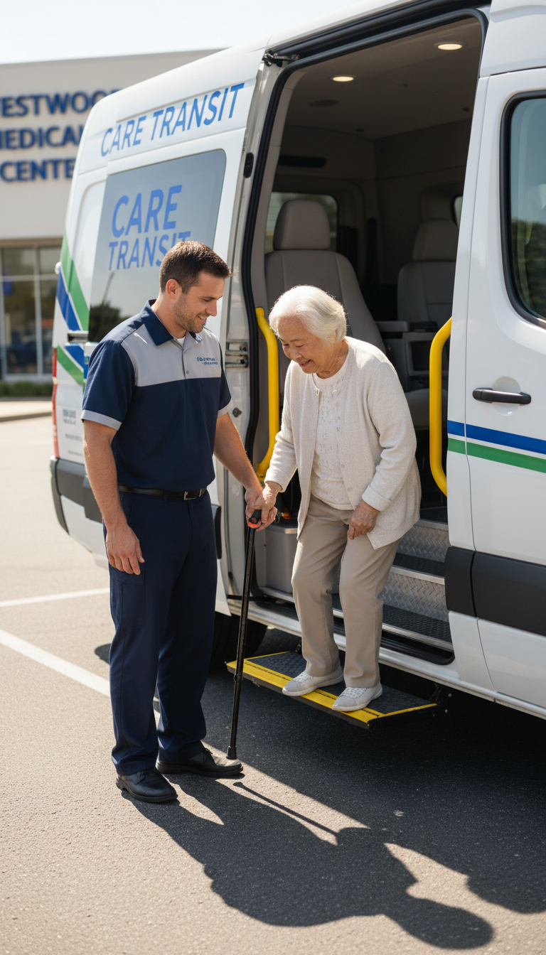 Professional NEMT provides the physical support and vehicle accessibility that standard rideshares lack. Driver offering specialized support to a senior patient entering a modern medical transportation vehicle.