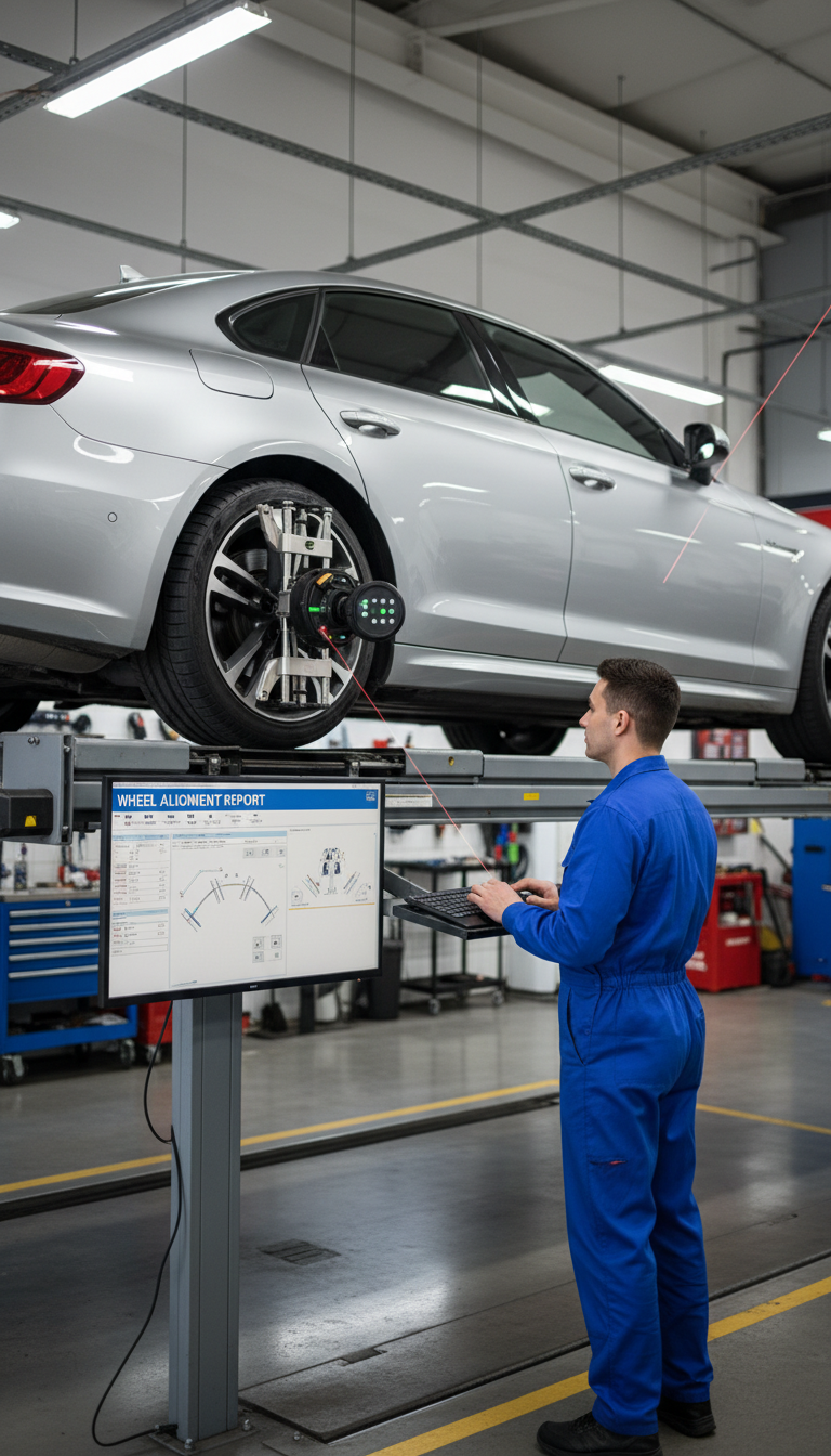 A four wheel alignment protects your tire investment from uneven wear. Vehicle on an alignment rack with laser guided sensors attached to wheels for precision tracking.