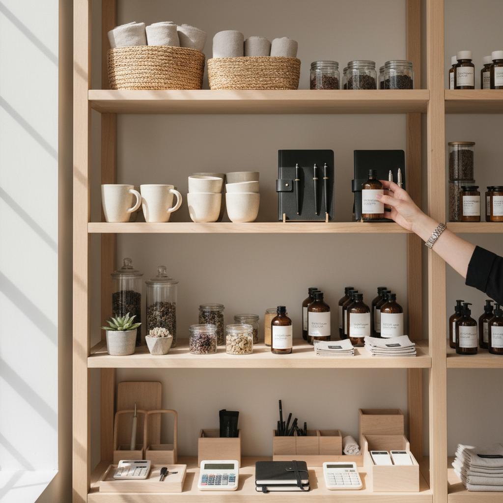 Selecting the right maintenance tools early ensures your home is ready for the first Utah frost. A hand selecting a practical household item from a neatly organized retail shelf in a bright store.