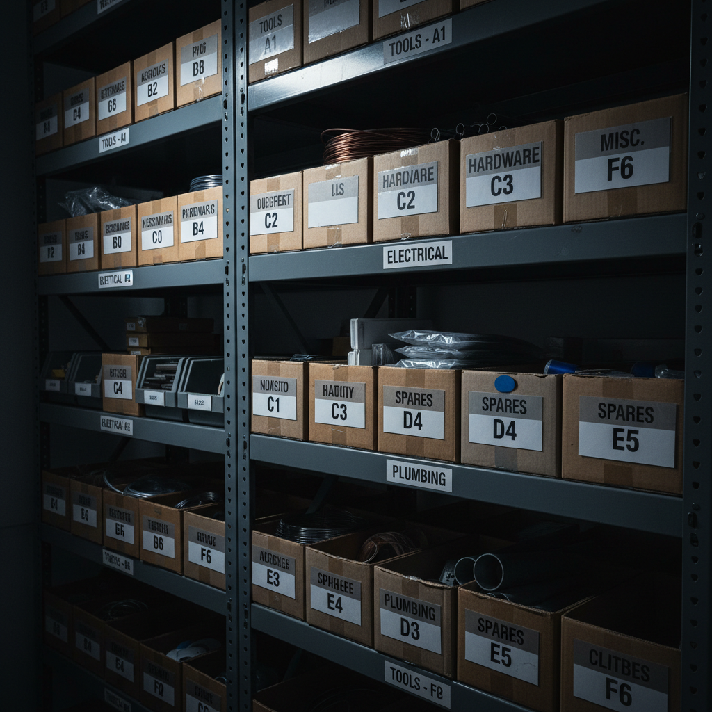 Precision labeling and organization are vital when managing sensitive, climate-dependent stock. Close-up of organized storage shelves with clearly labeled boxes arranged methodically.