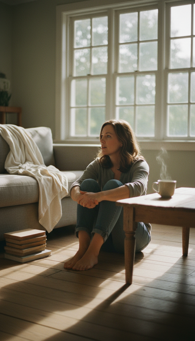 True integration means bringing your expanded awareness back into your everyday, lived environment. A woman in her 40s sitting on the floor of a sunlit living room looking out the window reflectively.