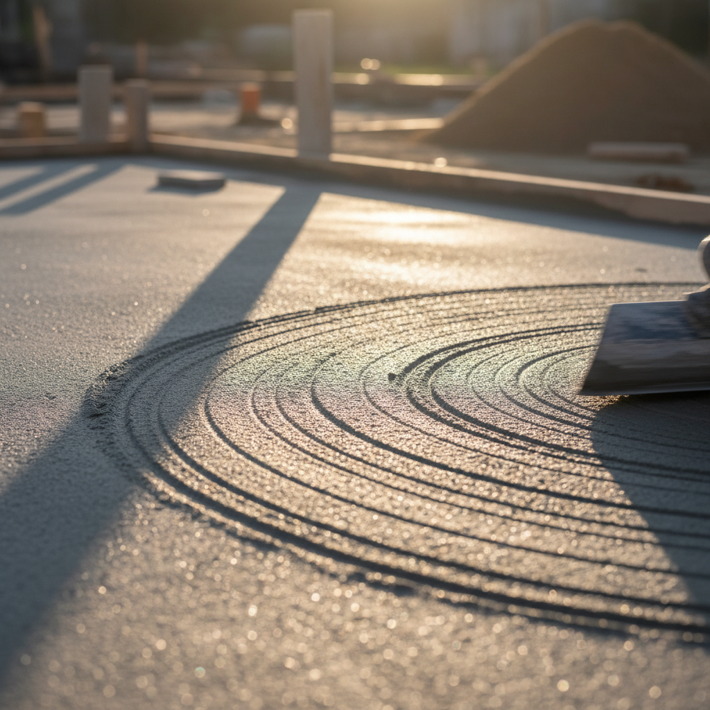 Precision finishing is essential for both the look and longevity of your Utah driveway. Close up of a freshly finished concrete surface with precise trowel marks and smooth gray texture.