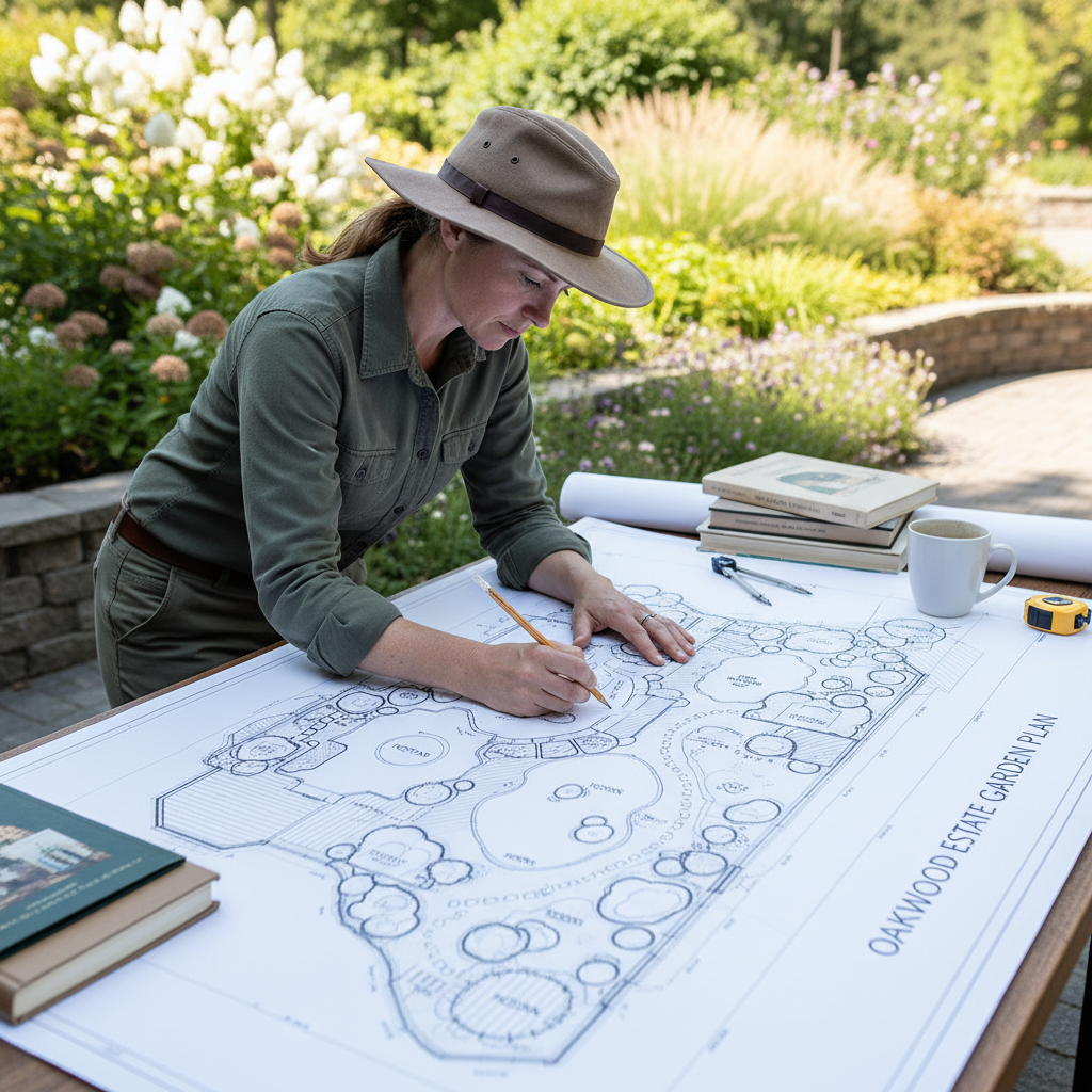 A well-documented design plan is the first step to securing your cash rebate. A professional landscape designer sketching a water-wise garden plan on paper with plant and stone layout.