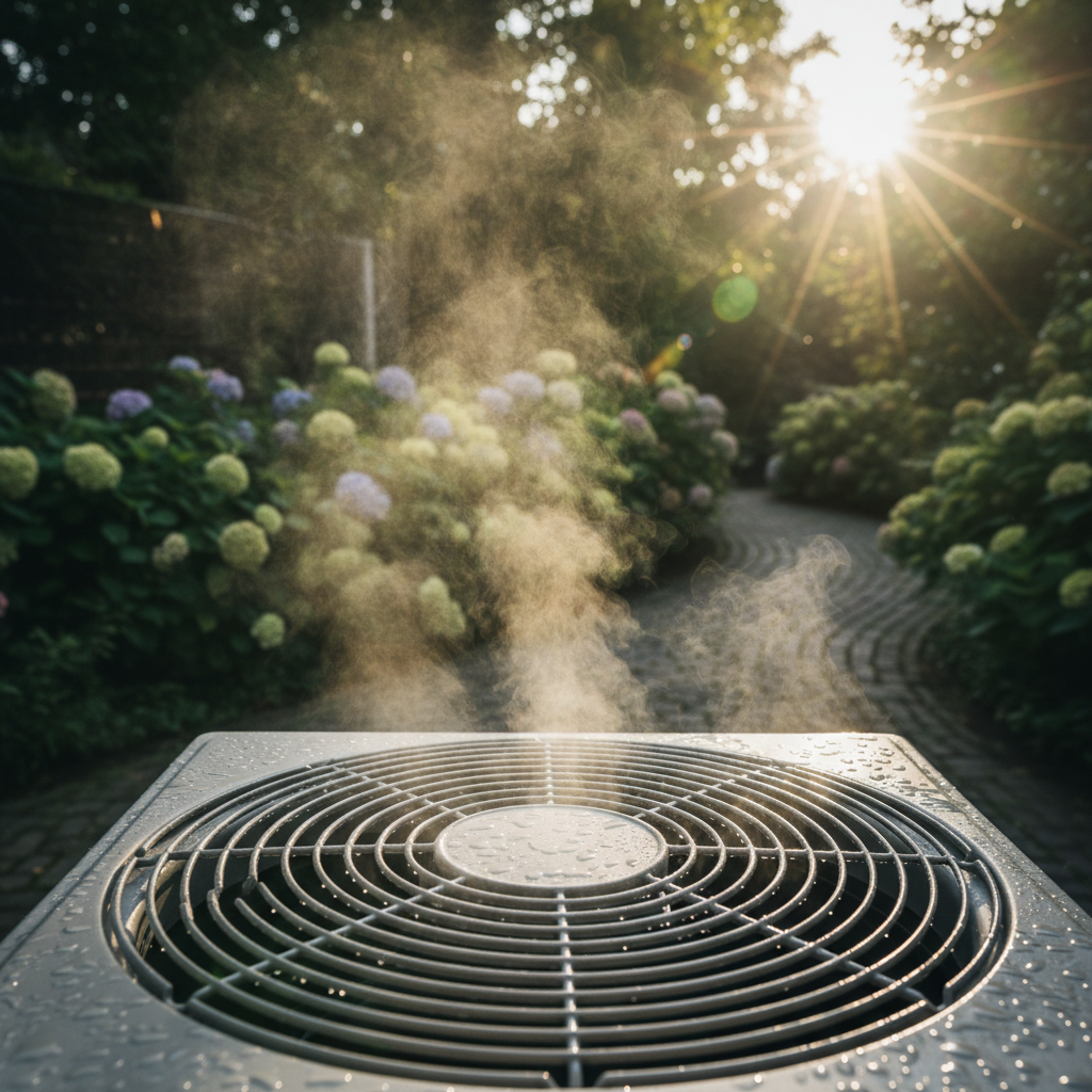Geluidsreductie is essentieel bij het plaatsen van een buitenunit dichtbij de erfgrens. Close-up van de ventilator van een buitenunit, waarbij de focus ligt op de techniek die zorgt voor stille werking.