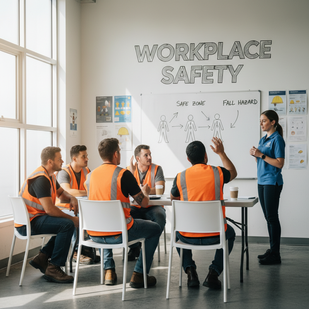 Effective training is a core requirement of the 2026 OSHA heat illness prevention standard. Workers in high vis vests sitting in a training room listening to a safety consultant standing at a whiteboard.