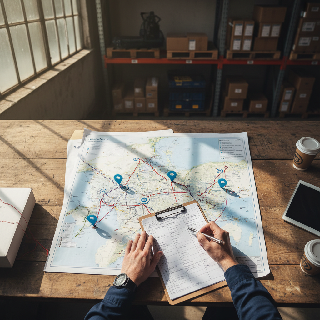 Localization and route visibility are foundational pillars for a resilient supply chain in the Intermountain West. A logistics coordinator reviewing shipment routes on a wooden desk with maps and clipboards in a natural light setting.