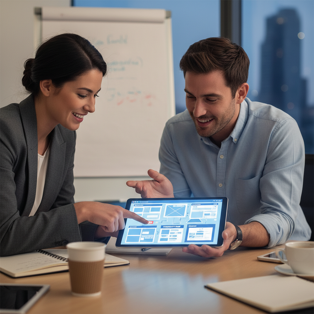 Human strategy ensures the AI produces a website that actually meets business goals. Two professionals collaborating on website wireframes and strategic planning using a tablet.