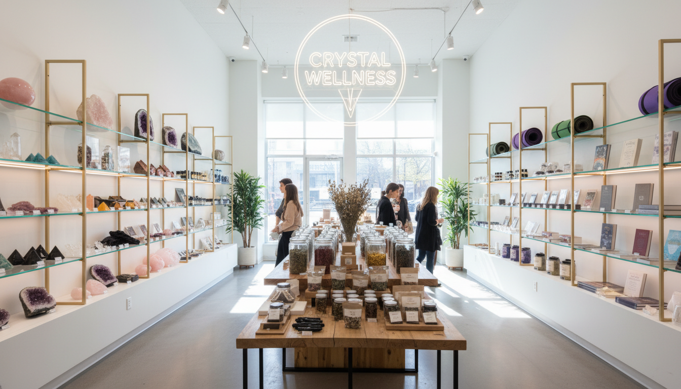 Exploring functional crystals for health and vitality at a modern crystal shop. A modern crystal shop interior in Singapore with wellness products and stones displayed on minimalist shelves.