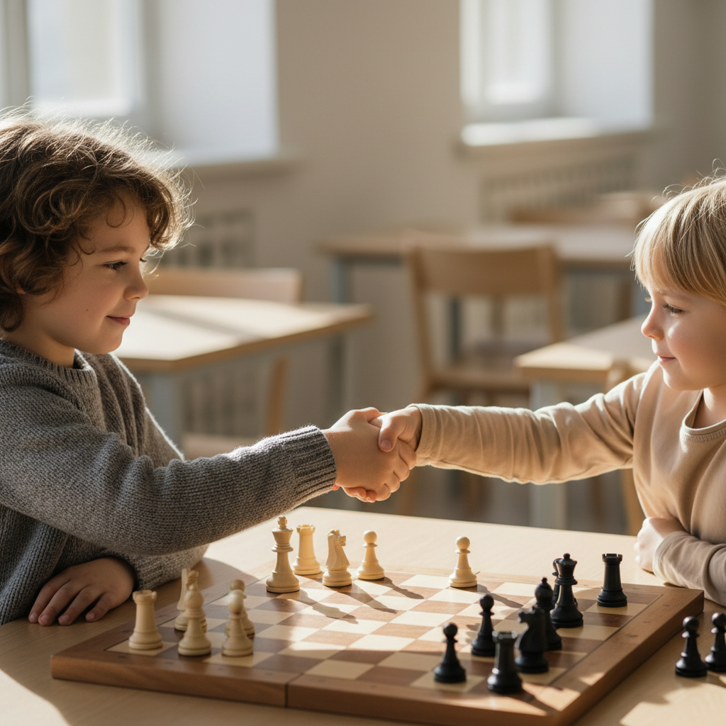Chess teaches sportsmanship through simple, powerful gestures like the post-game handshake. Two young children shaking hands over a chessboard after a game in a bright community hall.