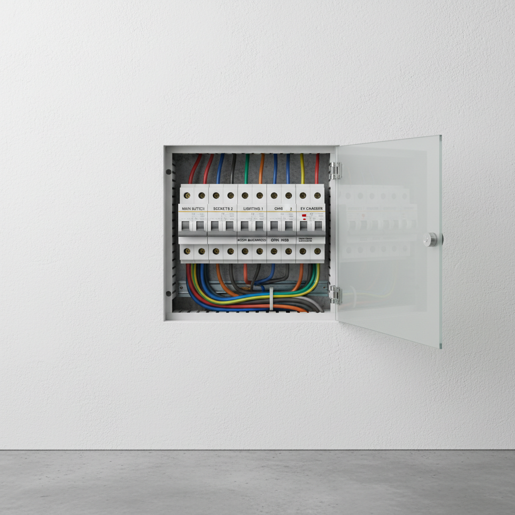 A modern consumer unit is the foundation for a more energy efficient home electrical system. A newly installed and labelled modern consumer unit with circuit breakers for improved energy distribution.