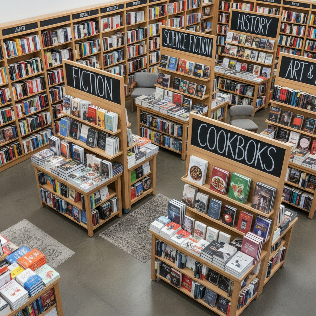 Our fiction shelves are stocked with the most anticipated beach reads of 2026. An organized bookstore shelf showing a wide variety of fiction genres and colorful book spines.