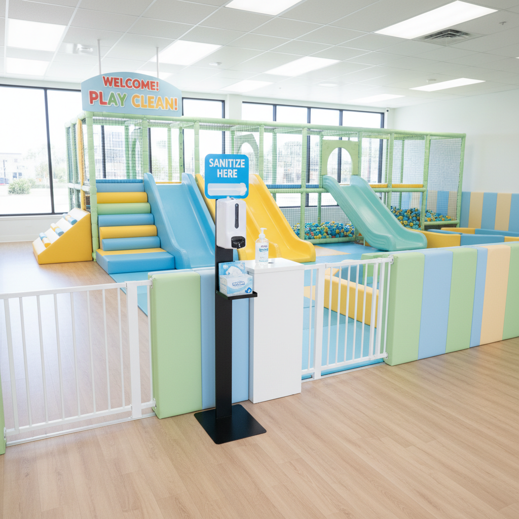 Prioritizing health and safety with dedicated sanitization stations throughout the facility. A clean indoor playground entrance featuring a visible hand sanitizing station for guest use.