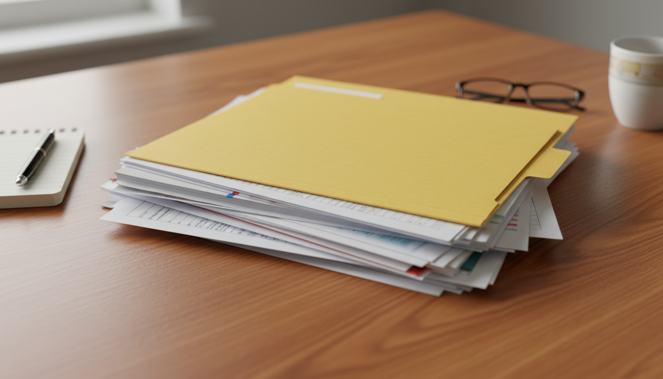 Organizamos toda la cadena de legalización para documentos españoles que deban surtir efecto en Chile. Pila organizada de documentos con una carpeta amarilla sobre una mesa de madera, representando la gestión administrativa.