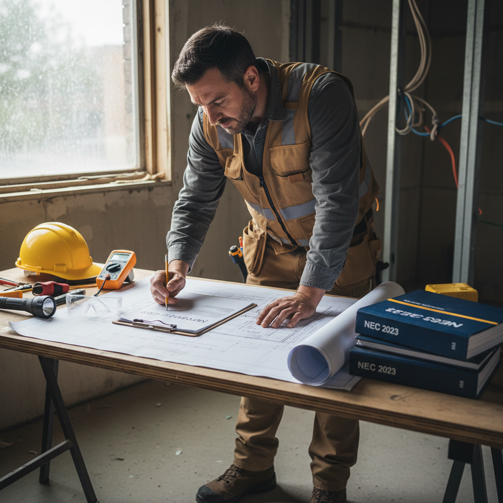 Staying compliant with current NEC codes ensures your home meets the highest safety standards. Professional electrician reviewing building plans and electrical code documentation on a clipboard at a Fillmore job site.