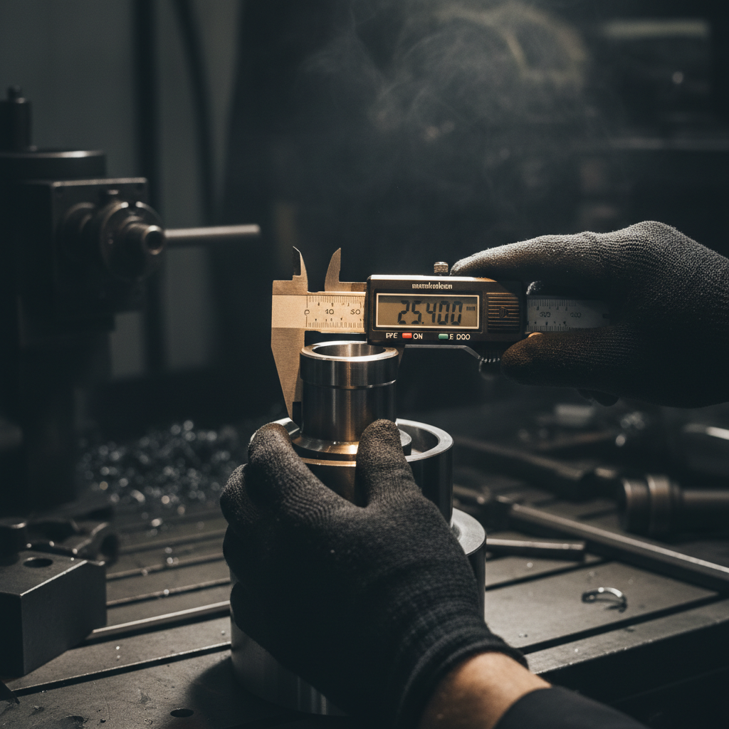 Rigorous quality control ensures products meet standards without requiring time consuming rework. Detailed inspection of a finished metal part using precision calipers under focused light.