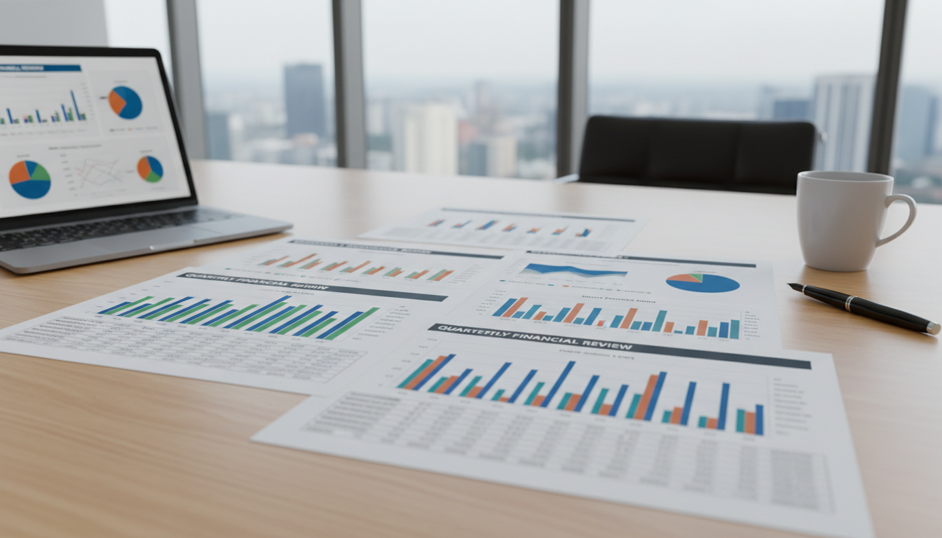 Complex financial tables require both linguistic accuracy and precise DTP alignment to ensure regulatory compliance. Financial charts and data tables on printed documents lying on a clean professional desk, representing IFRS reporting standards.