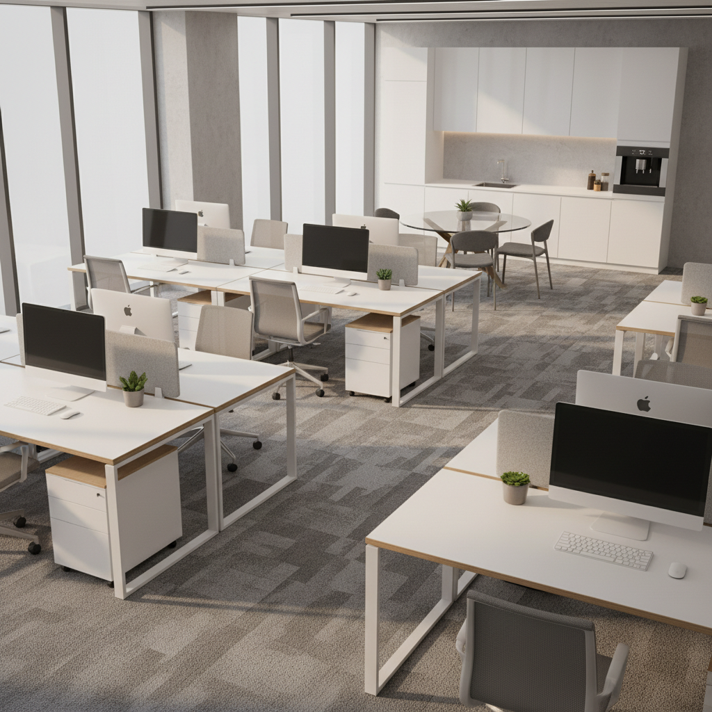 Maintaining a clean office environment helps reduce seasonal allergy symptoms for employees. A clean open plan office in Canberra with vacuumed floors and tidy desks.