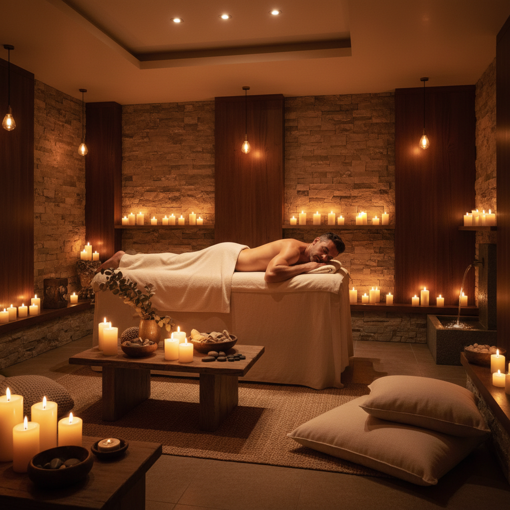 Resting after a session allows your body to fully integrate the therapeutic benefits. A male client in comfortable repose on a massage table in a candlelit relaxation area.