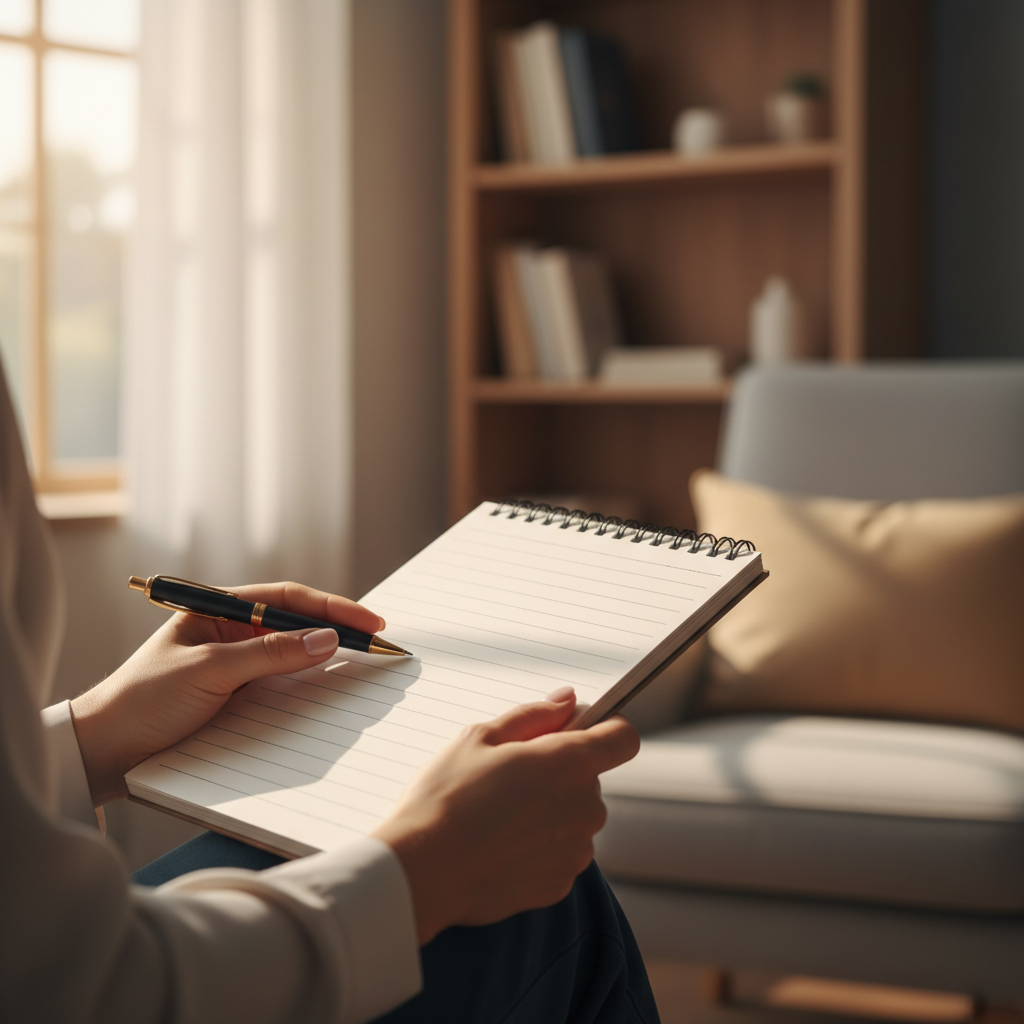 Evidence-based therapies like EMDR provide a structured path toward healing from repeated trauma. A close-up of a therapist's hands holding a notepad during a session, showing active listening and professional care.