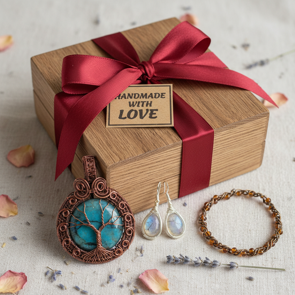 Quality artisan jewelry is worth it for the presentation and the long-lasting craftsmanship. A handcrafted wire wrapped jewelry piece presented in a gift box with a ribbon.