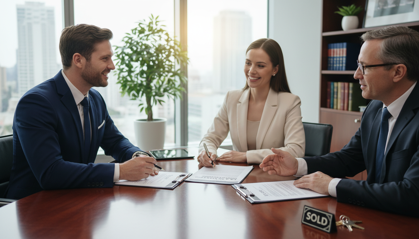 The closing process is significantly shorter when you bypass traditional lender requirements. A buyer and seller signing real estate closing documents in an office setting.