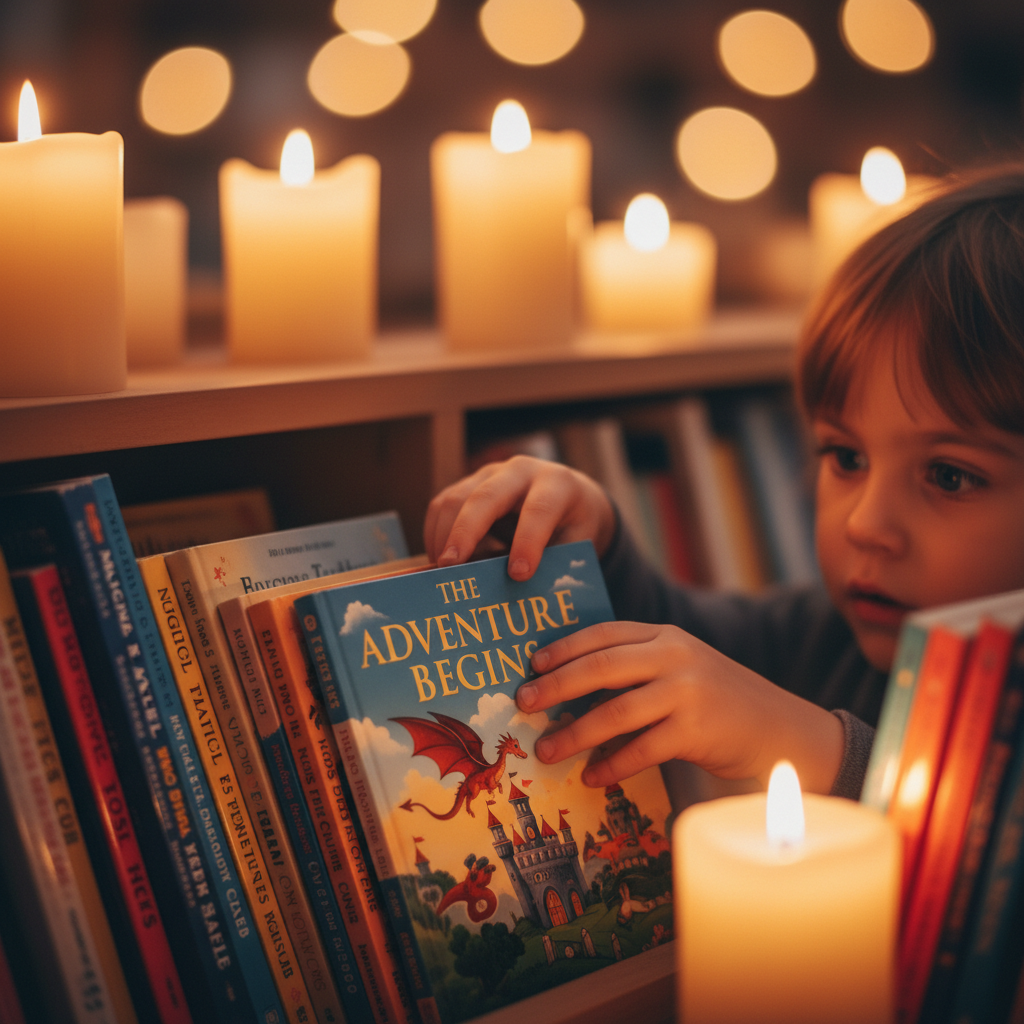 Early literacy starts with the joy of choosing your own first stories. A young child carefully reaching for a colorful picture book on a low, accessible bookshelf.