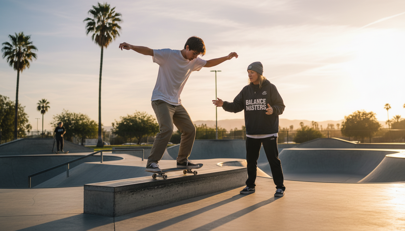 Adult learners often have the focus and coordination to progress quickly with professional guidance. A young adult male practicing balance on a skateboard during a professional coaching session in a sunny park
