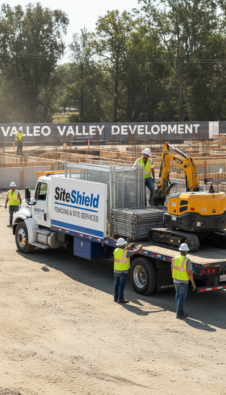 Coordinating the delivery of dumpsters and equipment is essential for maintaining an organized work area. Delivery of heavy rental equipment to a California job site with clear overhead clearance.
