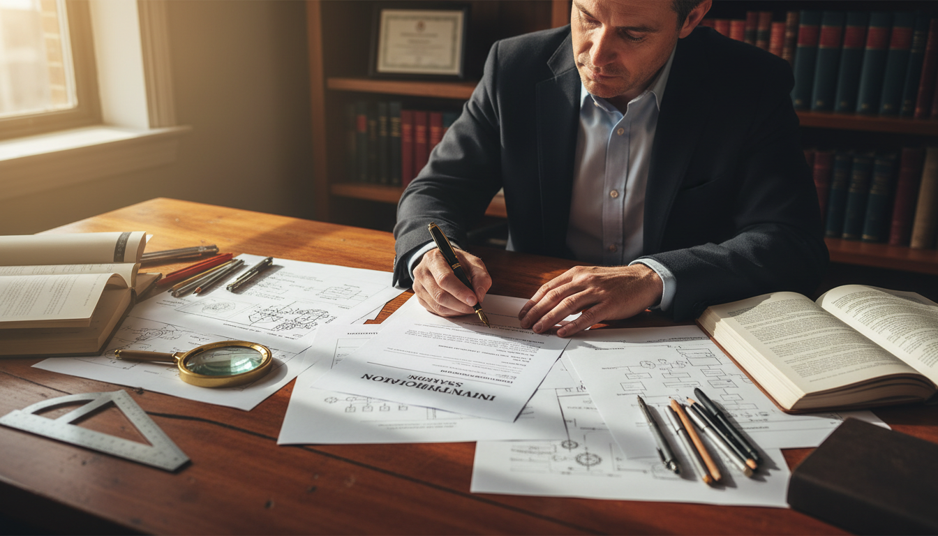 Drafting high quality claims is where the real value of a patent attorney lies. Patent attorney handwriting notes on a technical specification document to ensure precise legal protection.