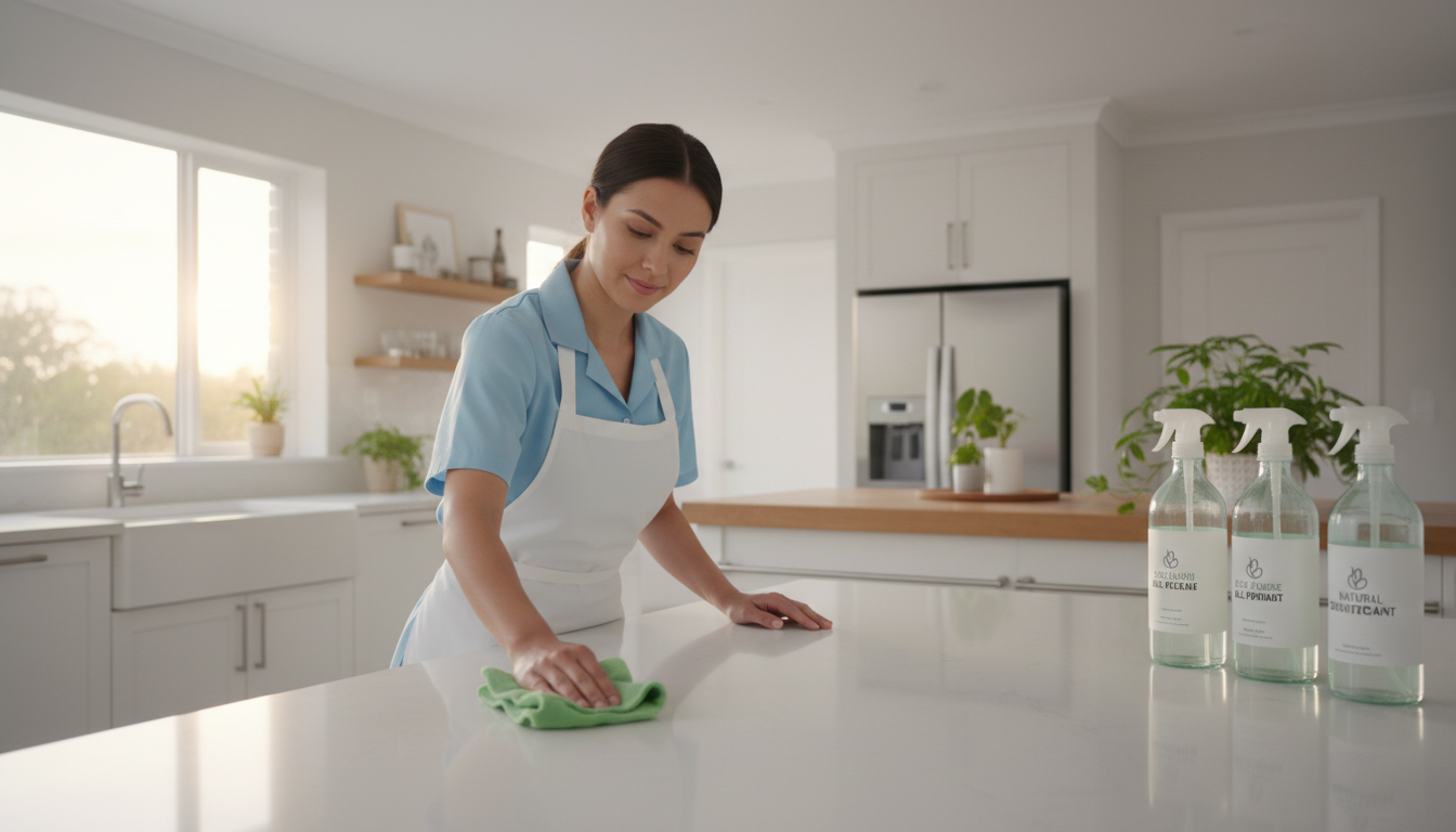 Using the right products is essential for deep cleaning communal areas like office kitchens and breakrooms. A professional cleaner using eco-friendly products to wipe down a kitchen counter in a bright office breakroom.