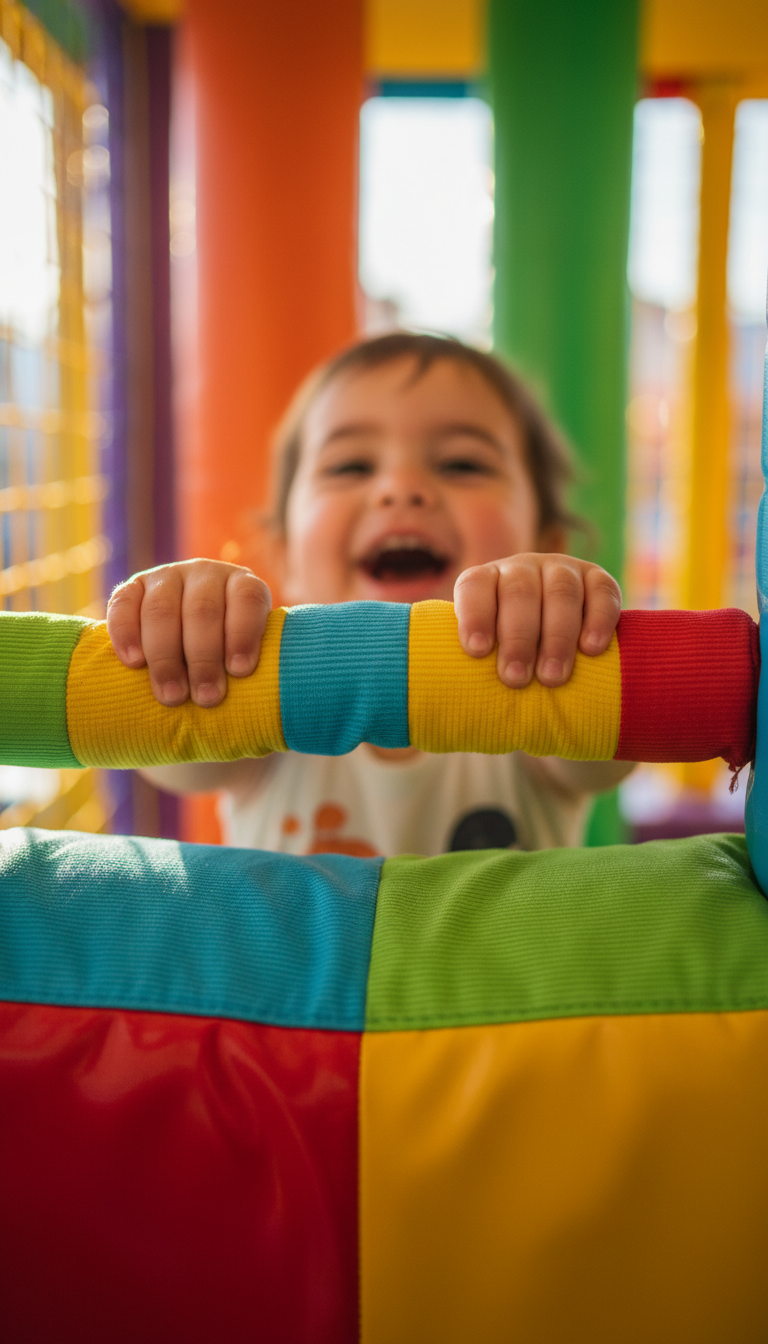 Free play allows children to take the lead and develop critical problem-solving skills. A young child's hands gripping a colorful climbing handle inside an indoor play structure.