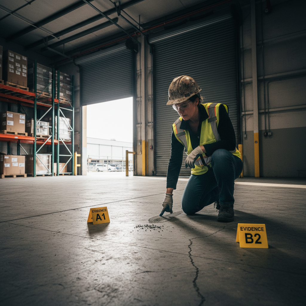 During a National Emphasis Program inspection, compliance officers scrutinize both documentation and physical site conditions. A safety consultant in a hard hat kneeling on a warehouse floor examining evidence of a safety hazard.