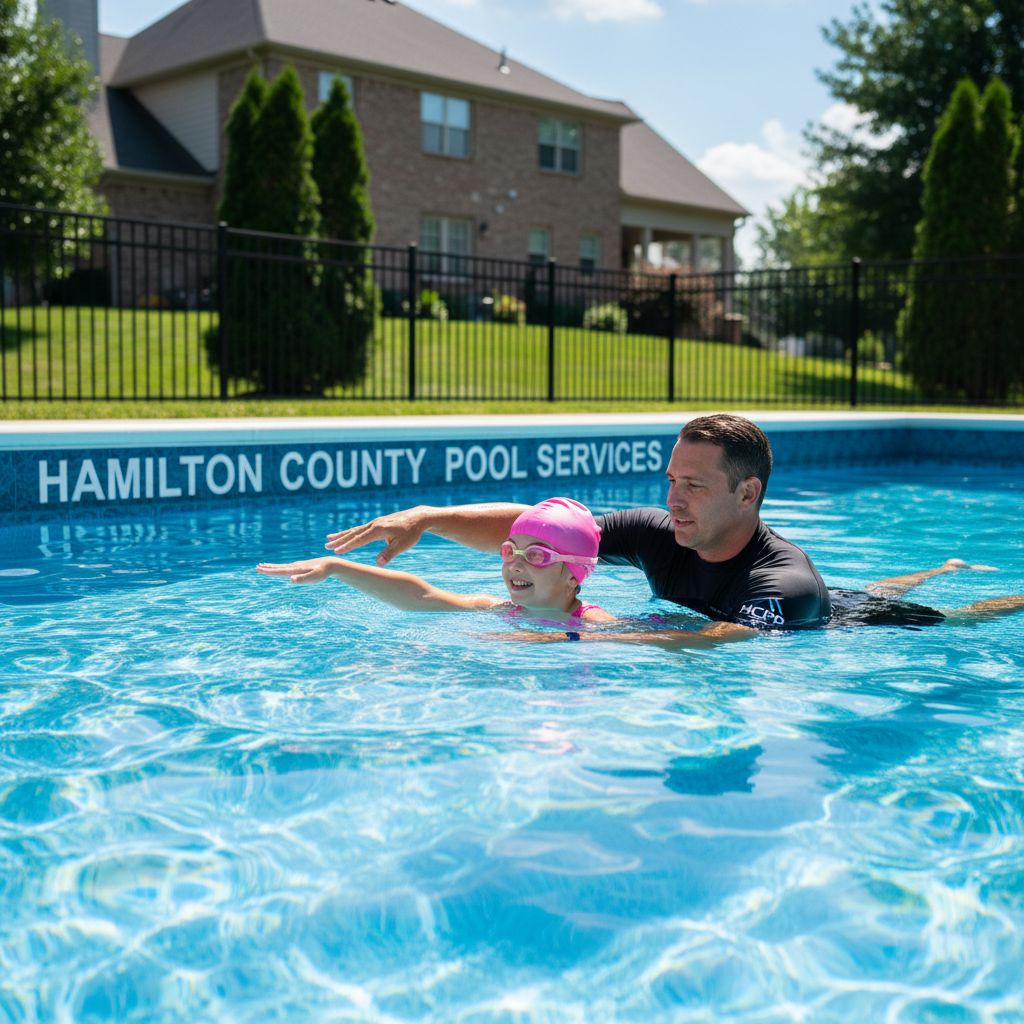 Designating a water watcher ensures everyone stays safe during summer gatherings. A safe backyard swimming pool environment in Hamilton County with clear visibility and supervision.
