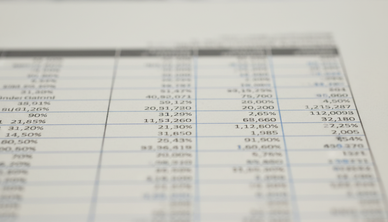 Precision in the income statement layout is essential for IFRS 18 compliance. Close-up of structured financial statement columns and numbers, focusing on the technical layout of the income statement.