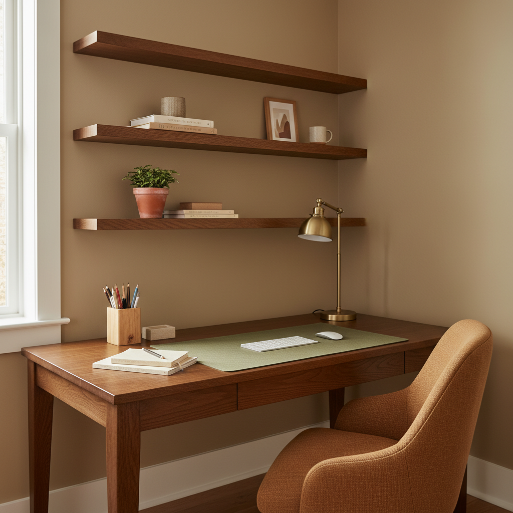 Standard IKEA shelving units like the Kallax are high-demand items in the Doha used market. A modern home office setup featuring white wall-mounted shelving similar to the IKEA Kallax series in a clean Doha apartment.