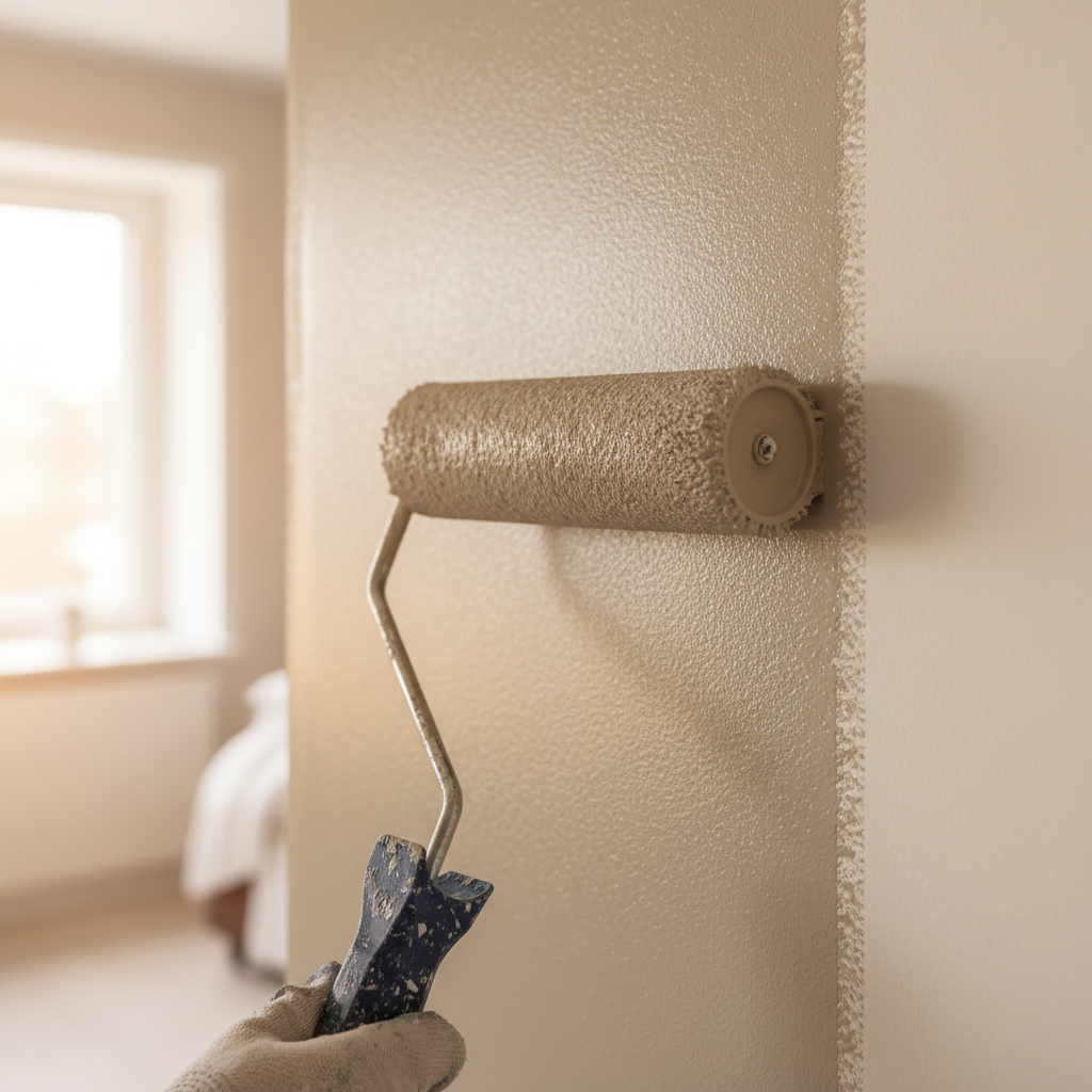 The way paint reflects light changes significantly once it cures from wet to dry. Close-up of a paint roller applying a smooth coat of gray paint showing the wet sheen during application.