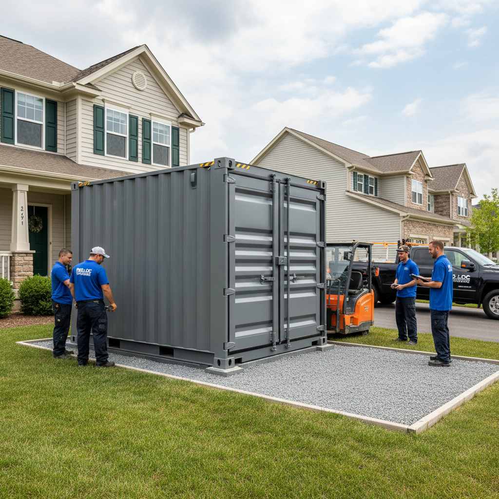 Keep your home clutter-free during construction by utilizing mobile storage solutions for your kitchen essentials. A sturdy white mobile storage container placed on a residential driveway for temporary remodel storage.