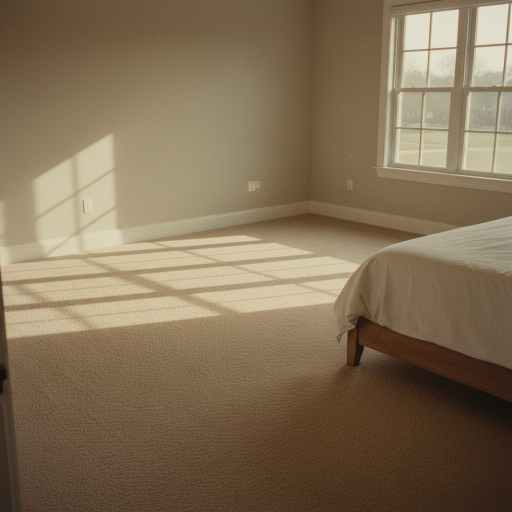Quality carpeting provides essential warmth and comfort for cold Utah winter mornings. A master bedroom with newly installed warm neutral carpeting and soft morning light.