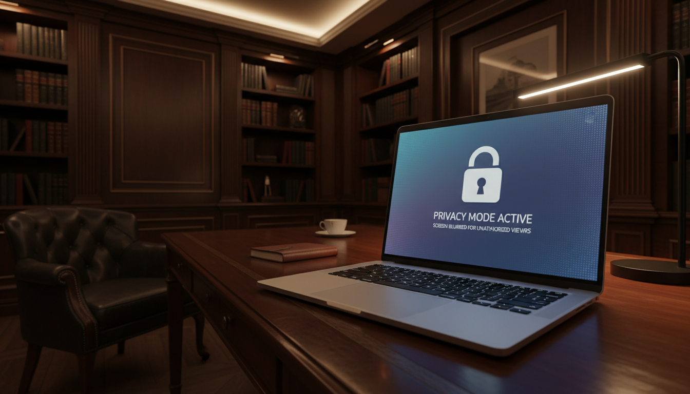 Rigorous screening processes ensure that only the most secure and aligned opportunities move forward. A laptop with privacy settings on the screen in a dimly lit, elegant private office environment.