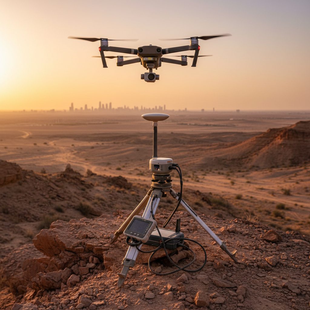 الدقة تبدأ من الإعداد الحقلي الصحيح قبل الإقلاع. محطة قاعدة RTK مثبتة على أرض صخرية قرب الرياض مع الدرون أثناء التحويم