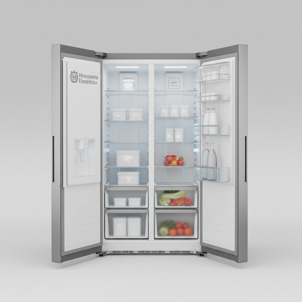 High-quality appliances like Husqvarna Electrolux fridges are top-tier profit makers for retailers. Husqvarna Electrolux double door fridge displayed in a professional showroom setting.