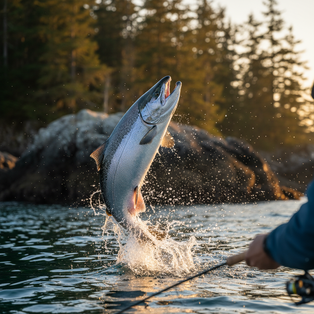 The sheer power of a Chinook salmon is legendary among Pacific anglers. A massive Chinook salmon breaking the surface of dark blue-green water during a sunset fishing session.