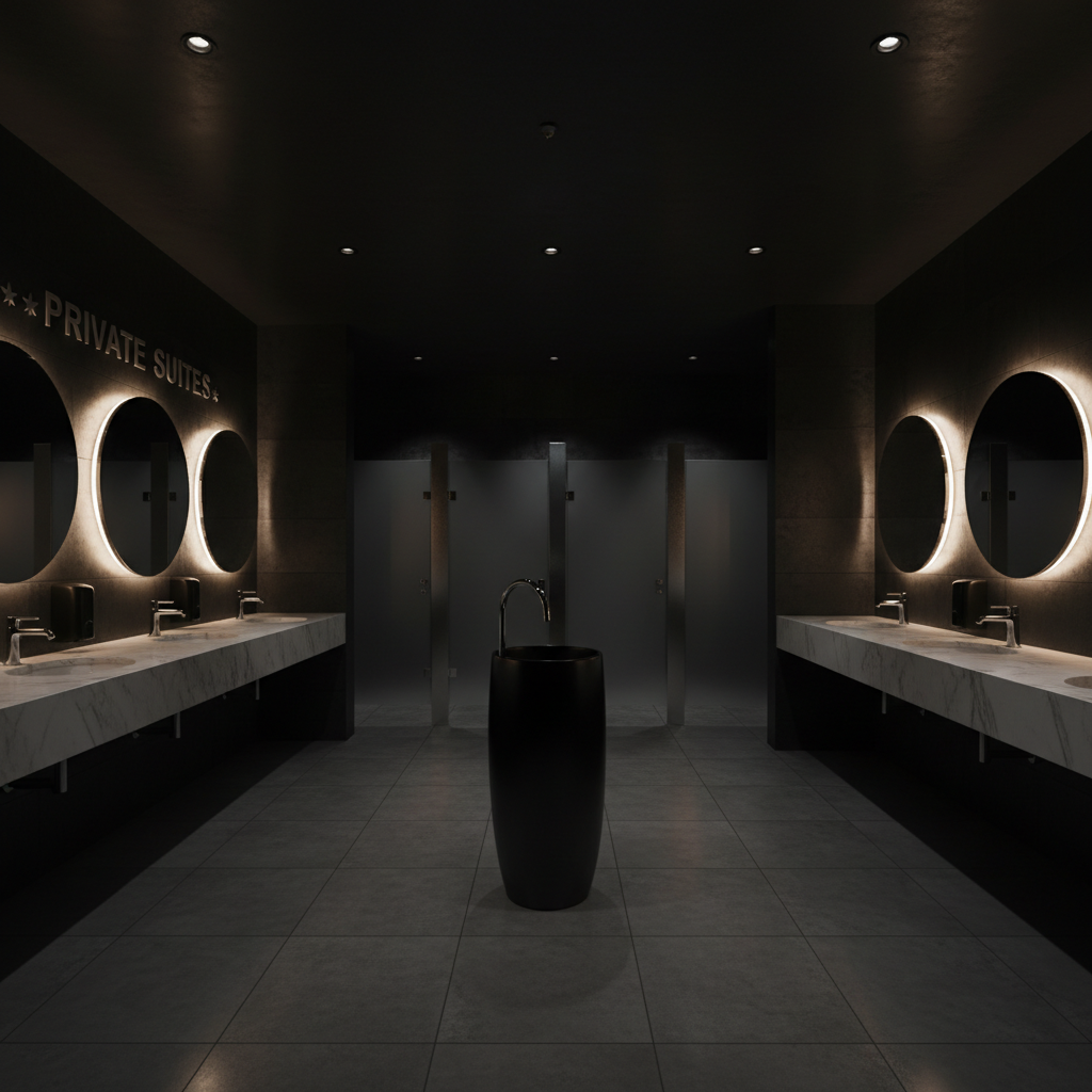 Restroom trailers provide a bathroom-like experience for guests at weddings and corporate events. The high-end interior of a specialty restroom trailer featuring modern fixtures and luxury lighting.